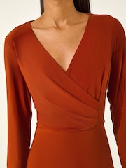 برتقالي - فستان متوسط الطول بجزء علوي ملفوف مع ربطة خصر من Roman - صورة 5 من 5