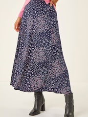 Roman Pink Linear Floral Print Stretch Midi Skirt - Image 3 of 5