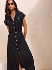 Friends Like These Black Linen Button Through Belted Midi Dress - Image 1 of 5