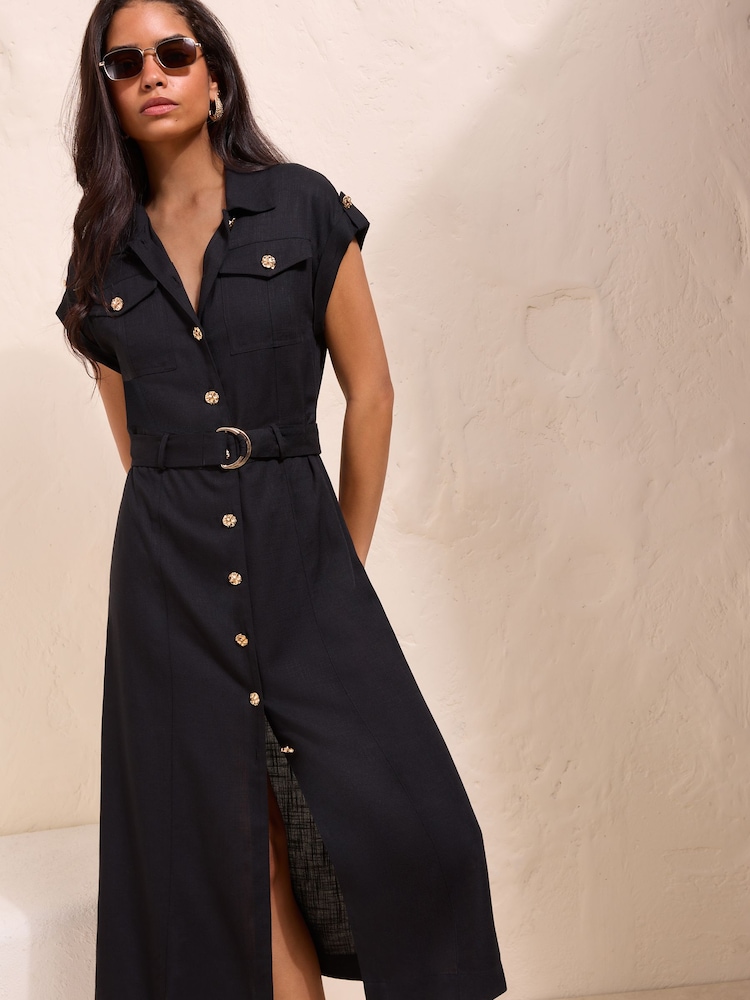 Friends Like These Black Linen Button Through Belted Midi Dress - Image 1 of 5