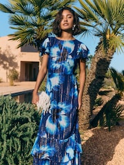 Friends Like These Cobalt Blue Short Sleeve Ruffle Metallic Midi Dress - Image 1 of 6