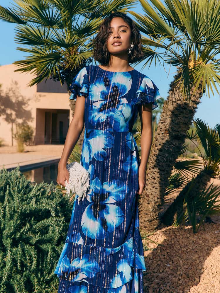 Friends Like These Cobalt Blue Short Sleeve Ruffle Metallic Midi Dress - Image 1 of 6 Friends Like These Cobalt Blue Short Sleeve Ruffle Metallic Midi Dress - Image 1 of 6