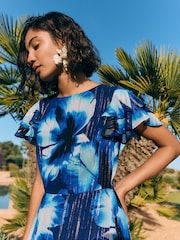 Friends Like These Cobalt Blue Short Sleeve Ruffle Metallic Midi Dress - Image 2 of 6