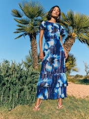 Friends Like These Cobalt Blue Short Sleeve Ruffle Metallic Midi Dress - Image 3 of 6