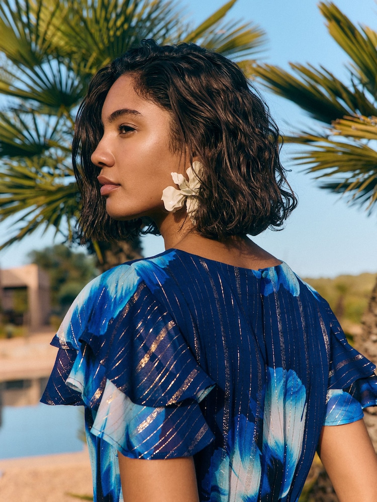 cobalt blue dress short Cobalt Blue Plunge V Bodycon Short Dress with Puff Sleeves, Blue / 0