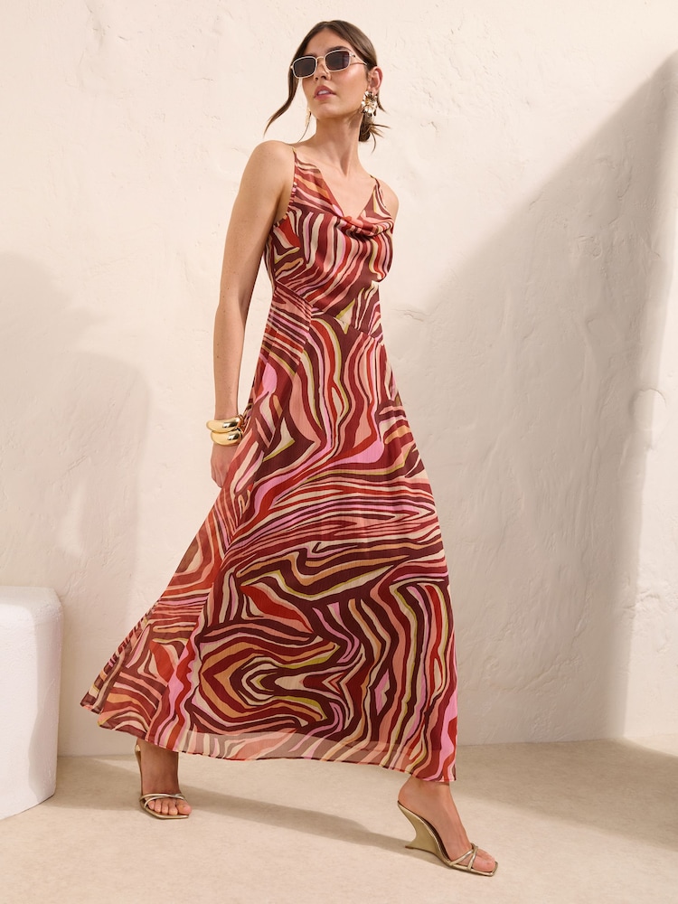 Friends Like These Brown/Pink Chiffon Cowl Neck Printed Midi Dress - Image 1 of 4