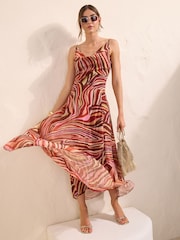 Friends Like These Brown/Pink Chiffon Cowl Neck Printed Midi Dress - Image 3 of 4