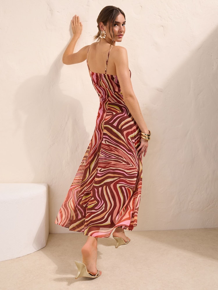 Friends Like These Brown/Pink Chiffon Cowl Neck Printed Midi Dress - Image 4 of 4
