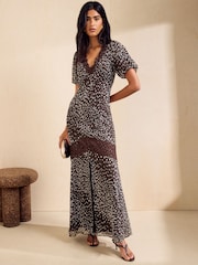Friends Like These Black Puff Sleeve Lace Detail Midi Dress - Image 3 of 5