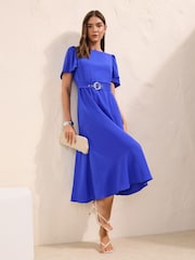 Friends Like These Cobalt Blue Short Sleeve Belted Workwear Midi Dress - Image 1 of 4