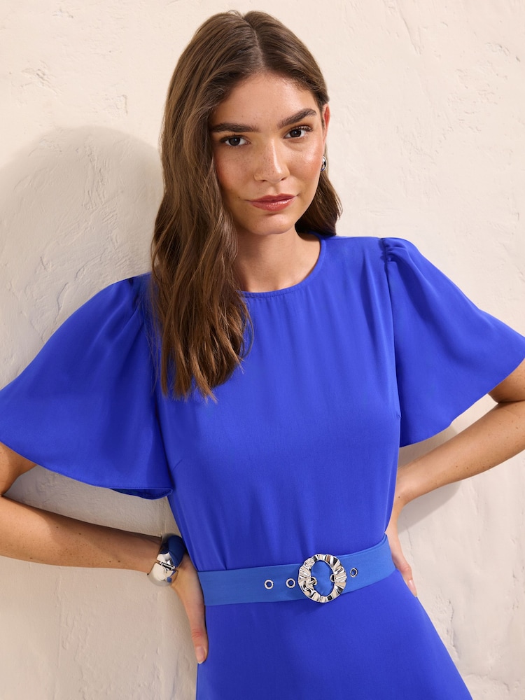 Friends Like These Cobalt Blue Short Sleeve Belted Workwear Midi Dress - Image 2 of 4