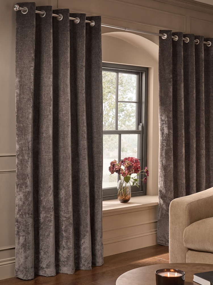 Mink Brown Blackout/Thermal Plush Chenille Eyelet Curtains - Image 2 of 5 Mink Brown Blackout/Thermal Plush Chenille Eyelet Curtains - Image 2 of 5