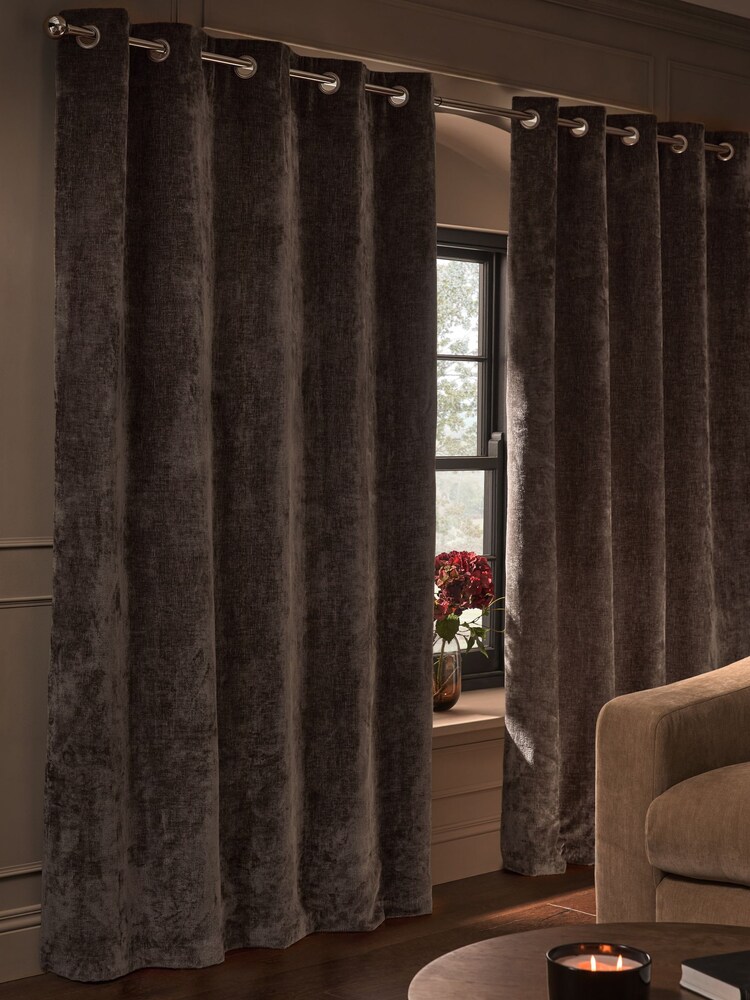 Mink Brown Blackout/Thermal Plush Chenille Eyelet Curtains - Image 5 of 5 Mink Brown Blackout/Thermal Plush Chenille Eyelet Curtains - Image 5 of 5