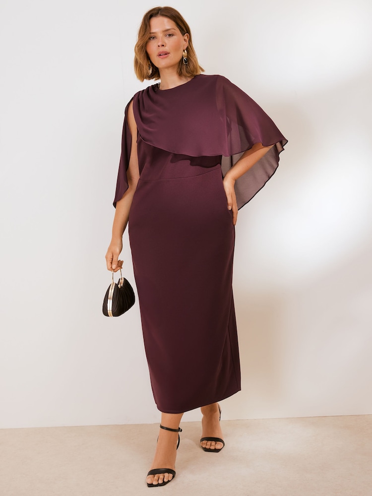 Friends Like These Burgundy Red Curve Asymmetric Cape Sleeveless Midi Dress - Image 1 of 4