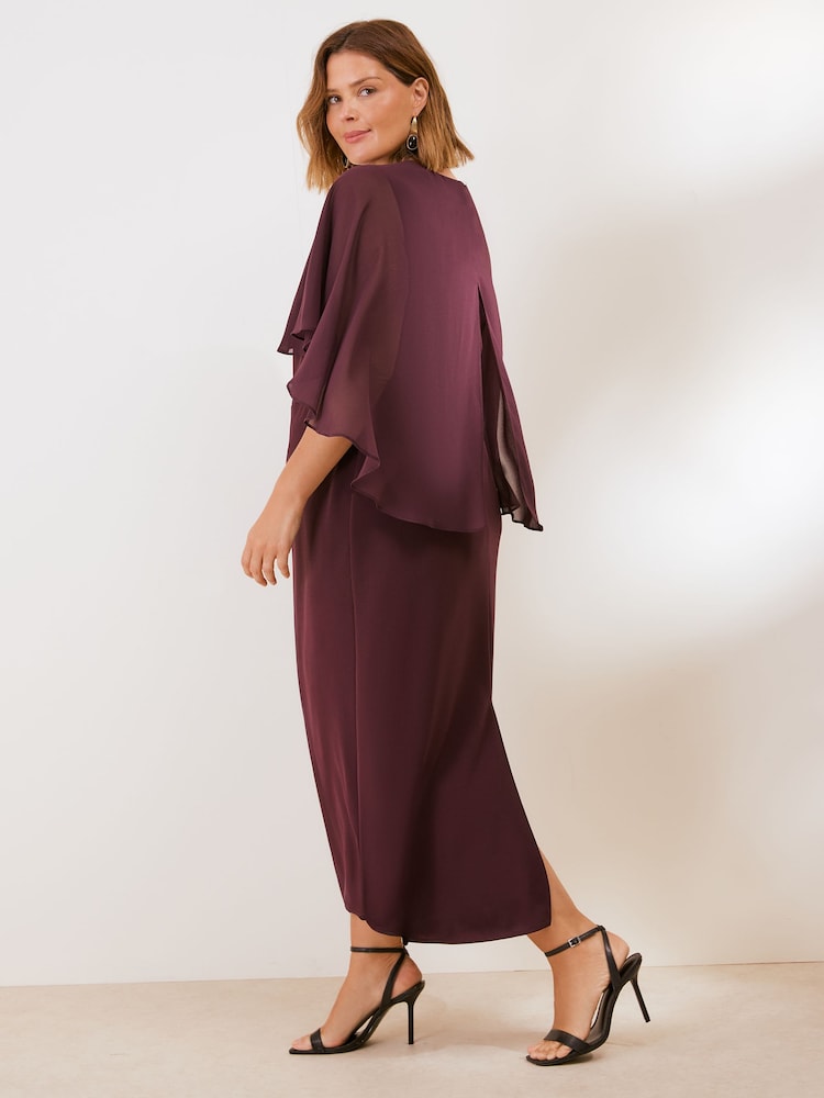 Friends Like These Burgundy Red Curve Asymmetric Cape Sleeveless Midi Dress - Image 4 of 4