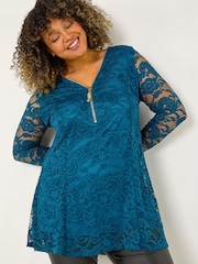 Roman Green Curve Zip Front Lace Stretch Top - Image 1 of 5