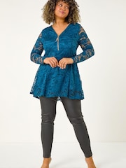 Roman Green Curve Zip Front Lace Stretch Top - Image 2 of 5