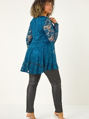 Roman Green Curve Zip Front Lace Stretch Top - Image 3 of 5