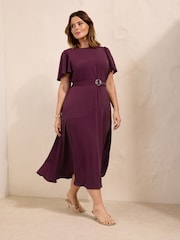 Friends Like These Berry Red Curve Short Sleeve Belted Workwear Midi Dress - Image 1 of 5