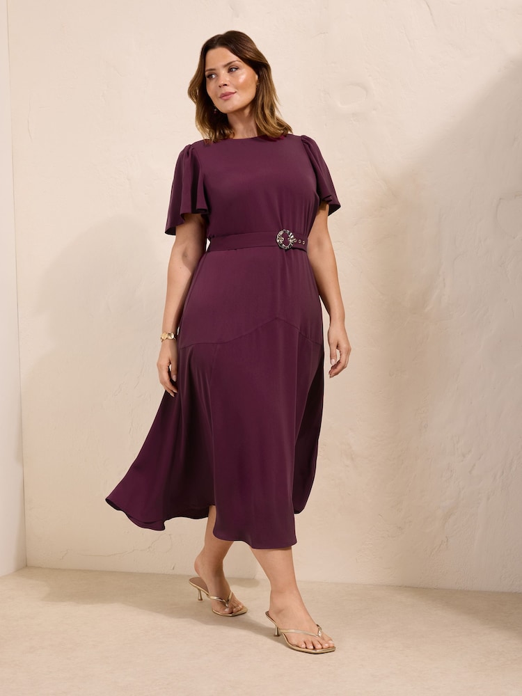Friends Like These Berry Red Curve Short Sleeve Belted Workwear Midi Dress - Image 1 of 5