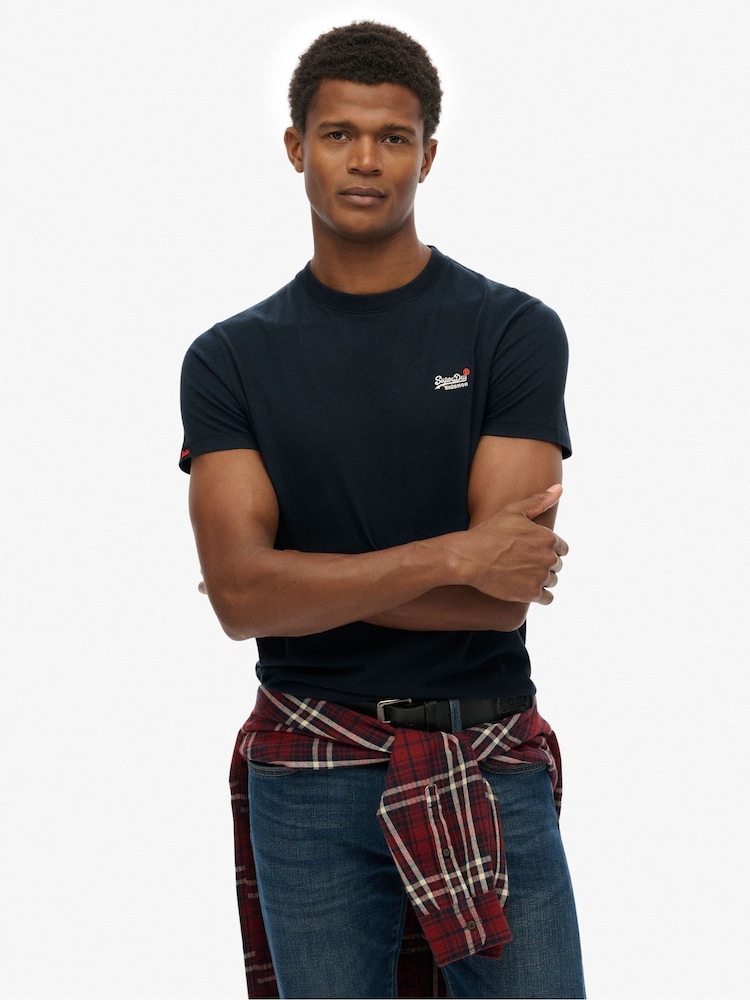 Superdry Blue Essential Contrast Embroidered T-Shirt - Image 1 of 7 Superdry Blue Essential Contrast Embroidered T-Shirt - Image 1 of 7
