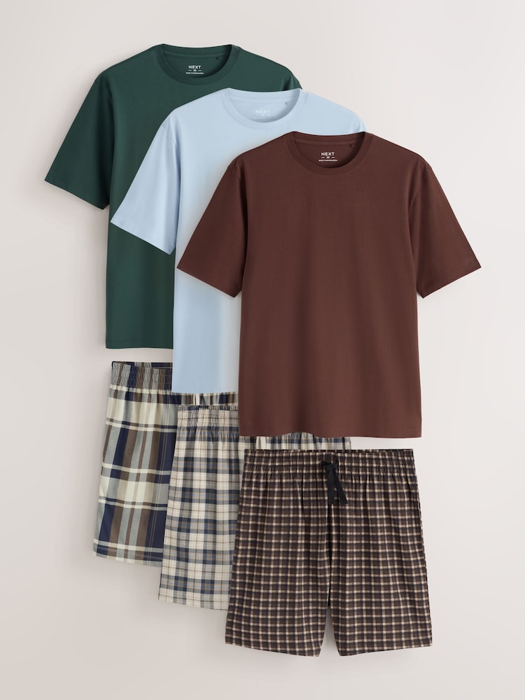Blue/Green/Rust Brown - Rutig pyjamas Set med Kort ärm i jersey-modell 3 Pack - Bild 1 av 17