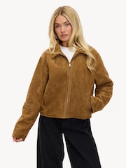 LOAVIES Fading Fires Suede Effect Biker Brown Jacket - Image 1 of 5