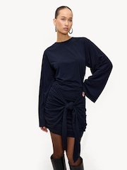 LOAVIES Blue Darker Nights Tie Detail Long Sleeve Wrap Mini Dress - صورة 1 من 5