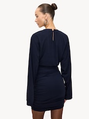 LOAVIES Blue Darker Nights Tie Detail Long Sleeve Wrap Mini Dress - Image 2 of 5