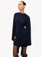 LOAVIES Blue Darker Nights Tie Detail Long Sleeve Wrap Mini Dress - Image 4 of 5