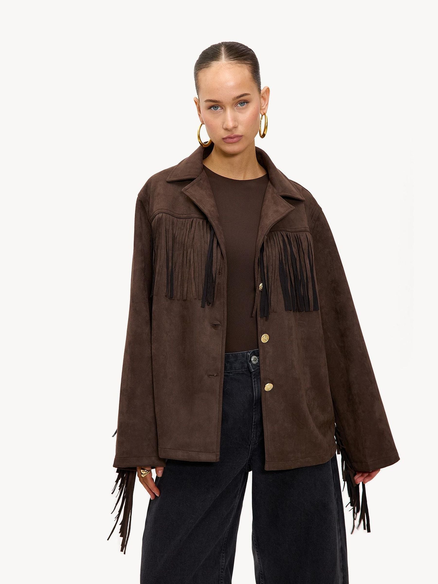 Buy LOAVIES Brown Oversized Faux Suede Layered Fringe Jacket from