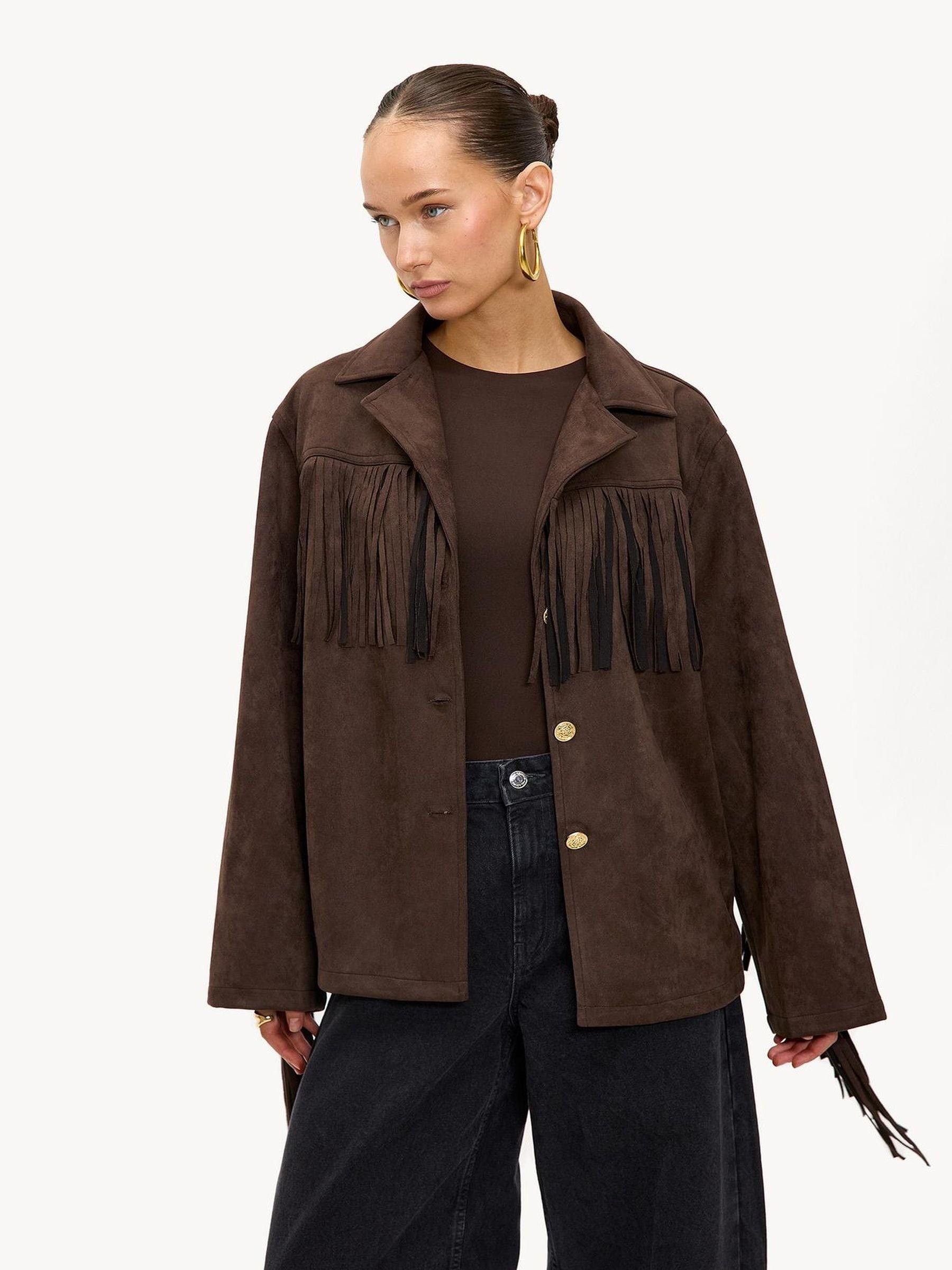 Buy LOAVIES Brown Oversized Faux Suede Layered Fringe Jacket from