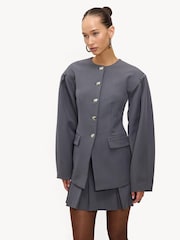 سترة LOAVIES رمادية ذهبية شتوية فاتحة بدون ياقة بأزرار بارزة - صورة 3 من 5