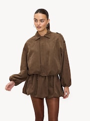 LOAVIES Kiss Me In The Rain Balloon Sleeve Brown Bomber Jacket - Image 3 of 5