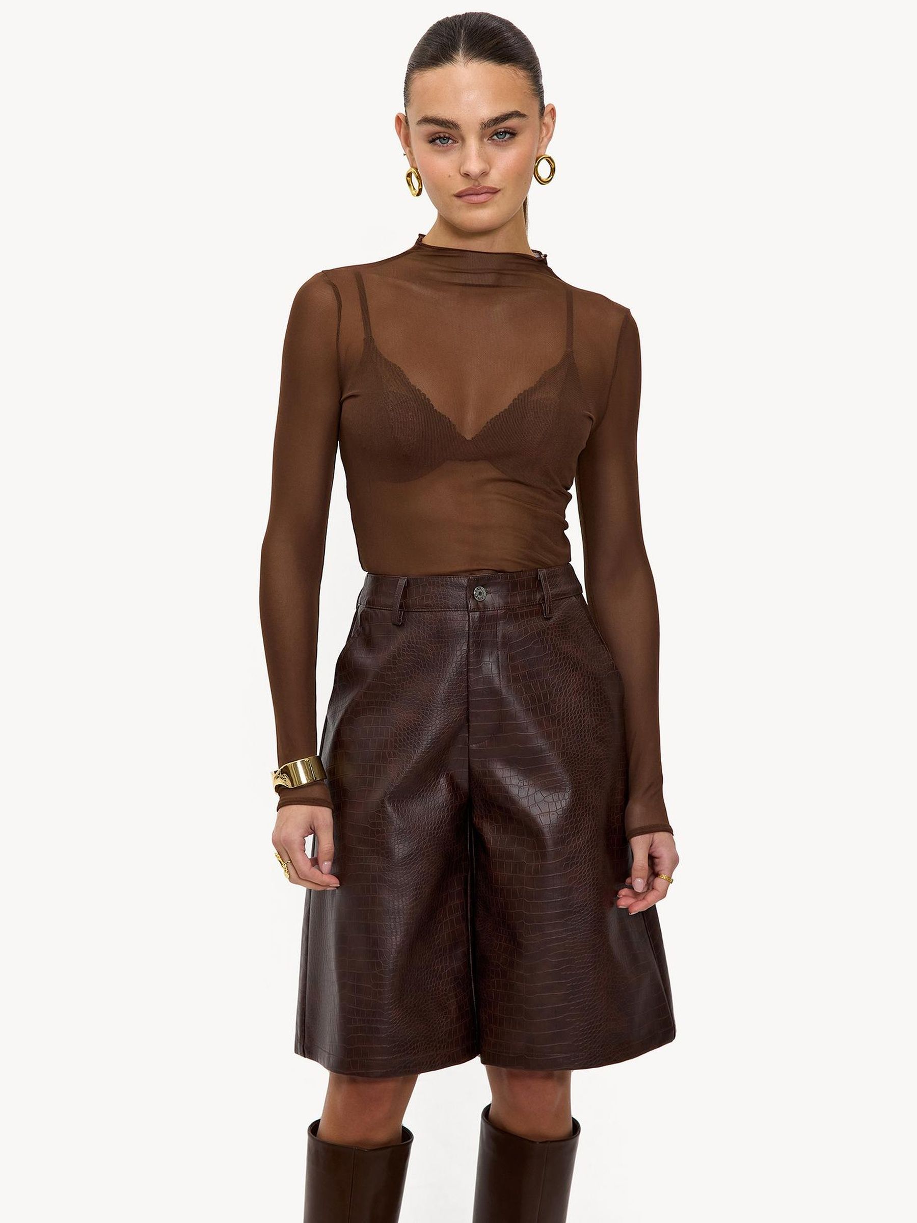 Buy LOAVIES Brown High Waisted Faux Leather Croc Print Long Shorts