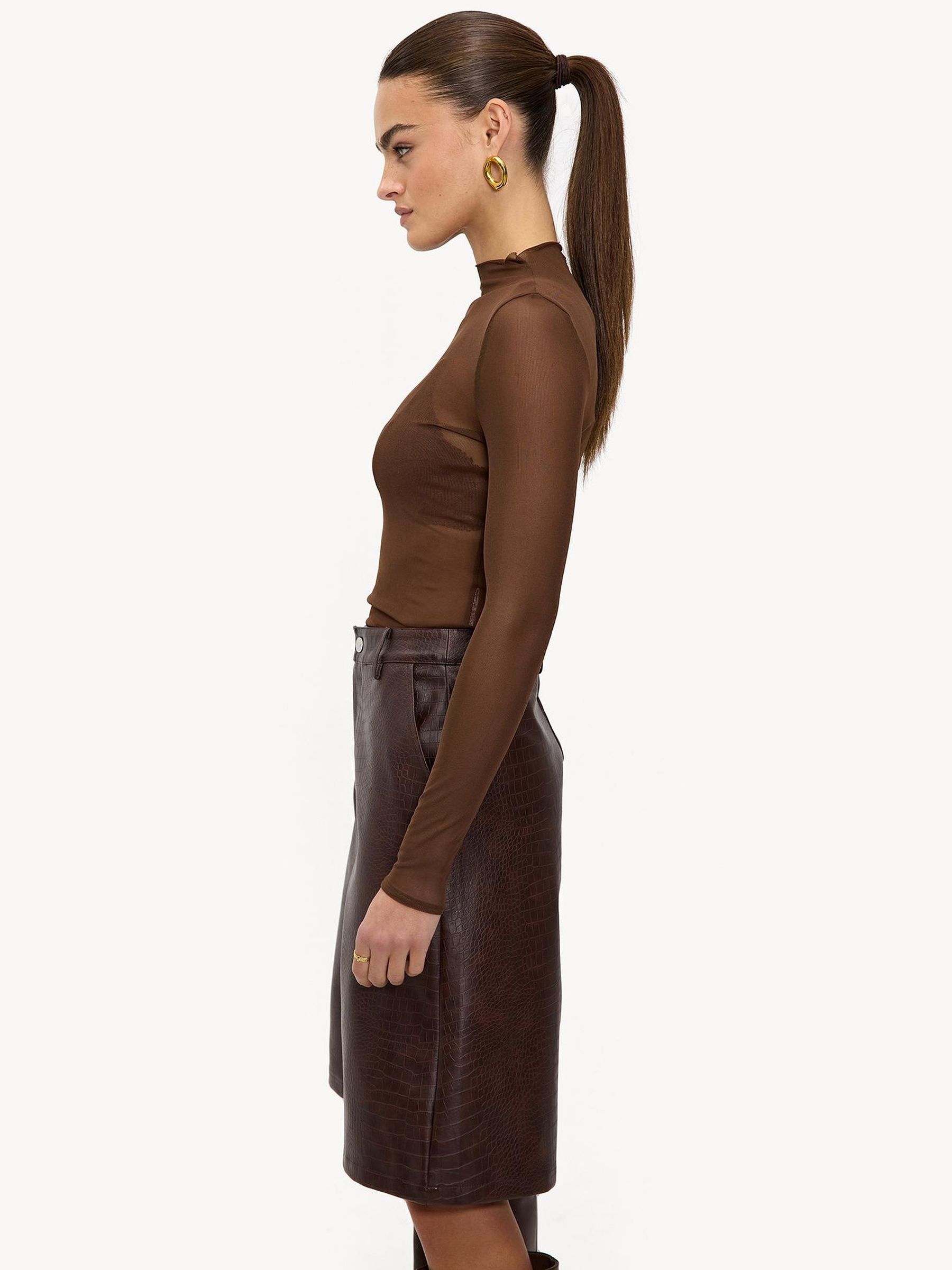Buy LOAVIES Brown High Waisted Faux Leather Croc Print Long Shorts