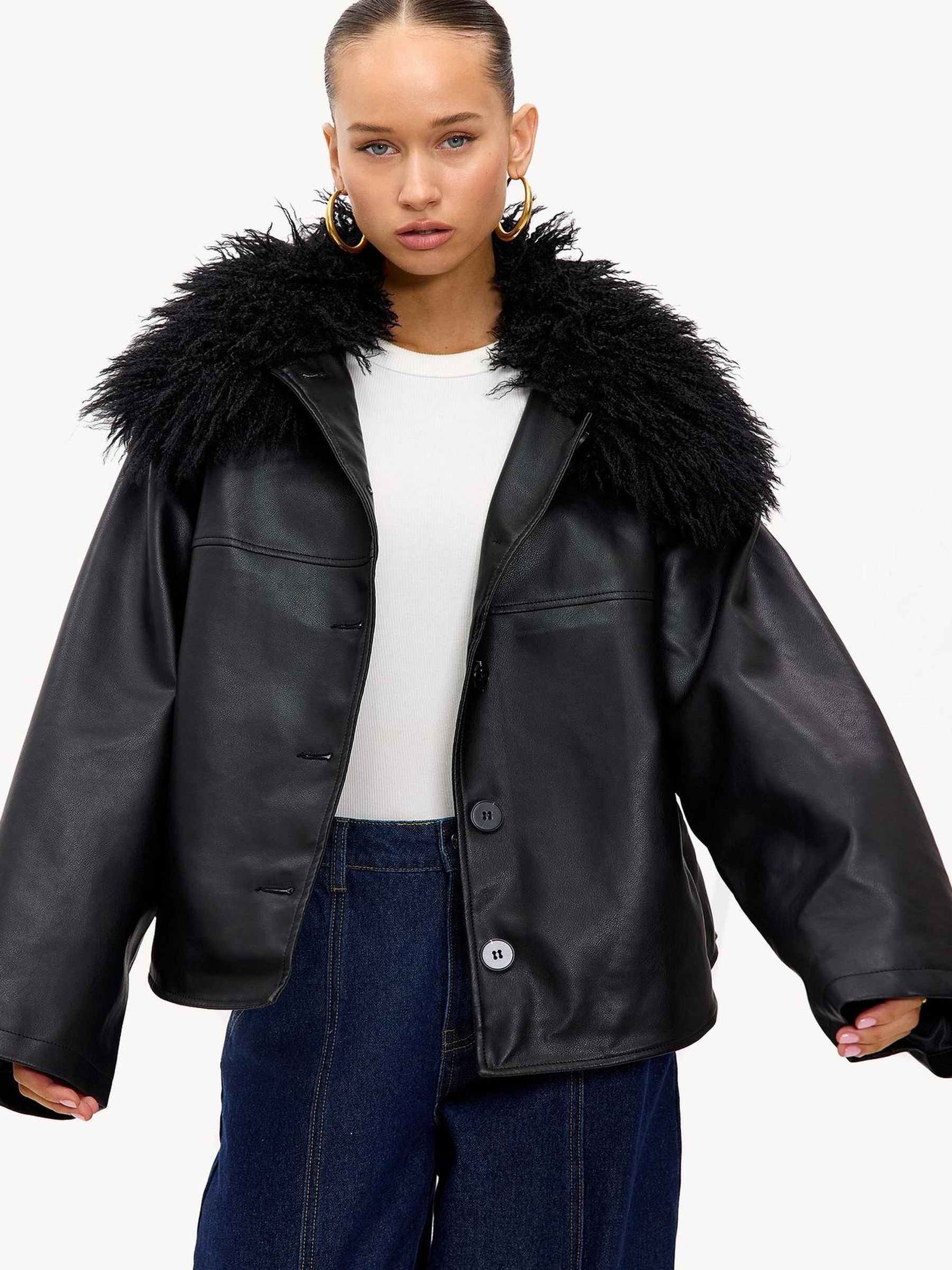 Buy LOAVIES Black Luxe In Light Faux Leather Faux Fur Collar