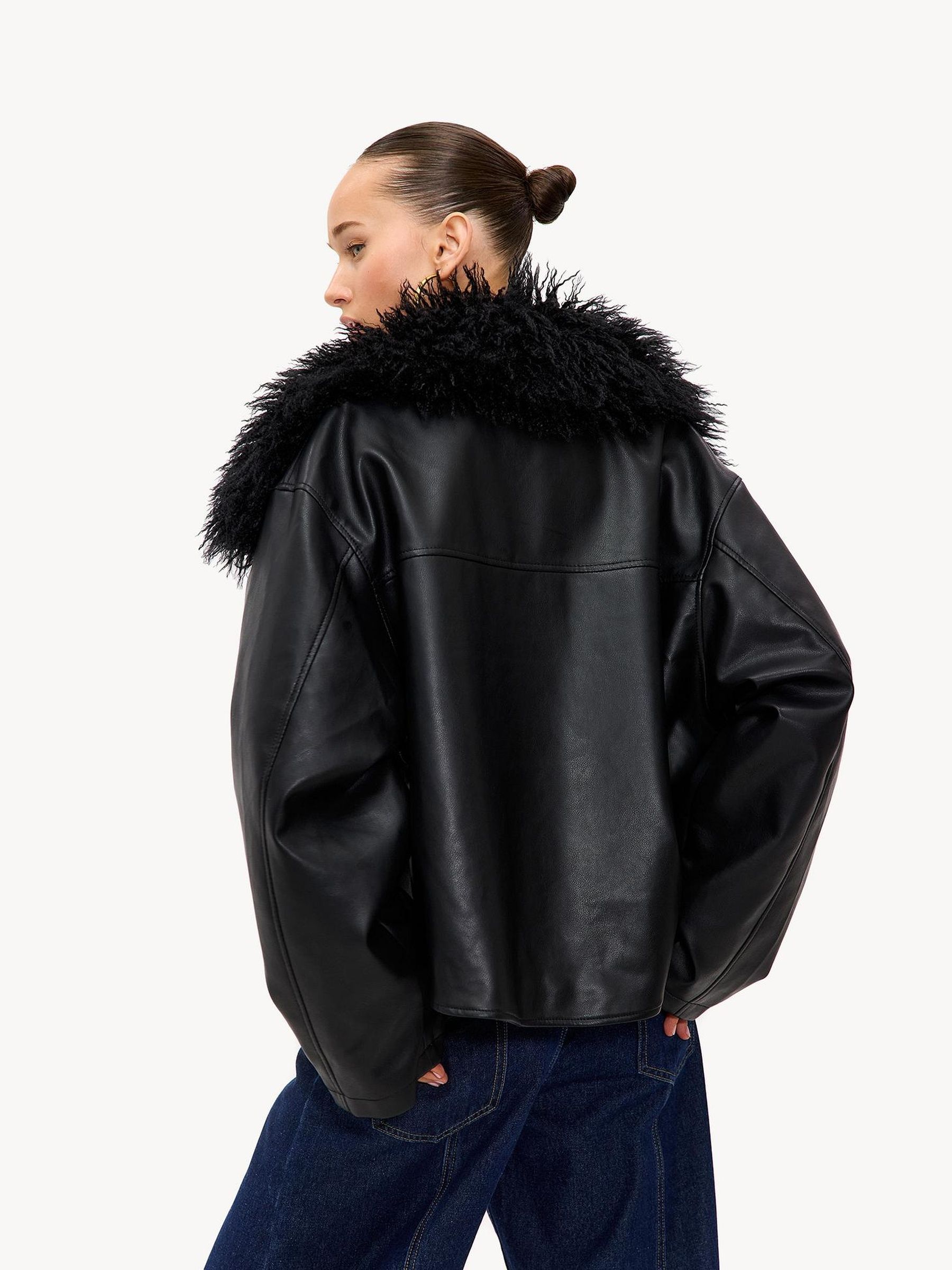 Buy LOAVIES Black Luxe In Light Faux Leather Faux Fur Collar