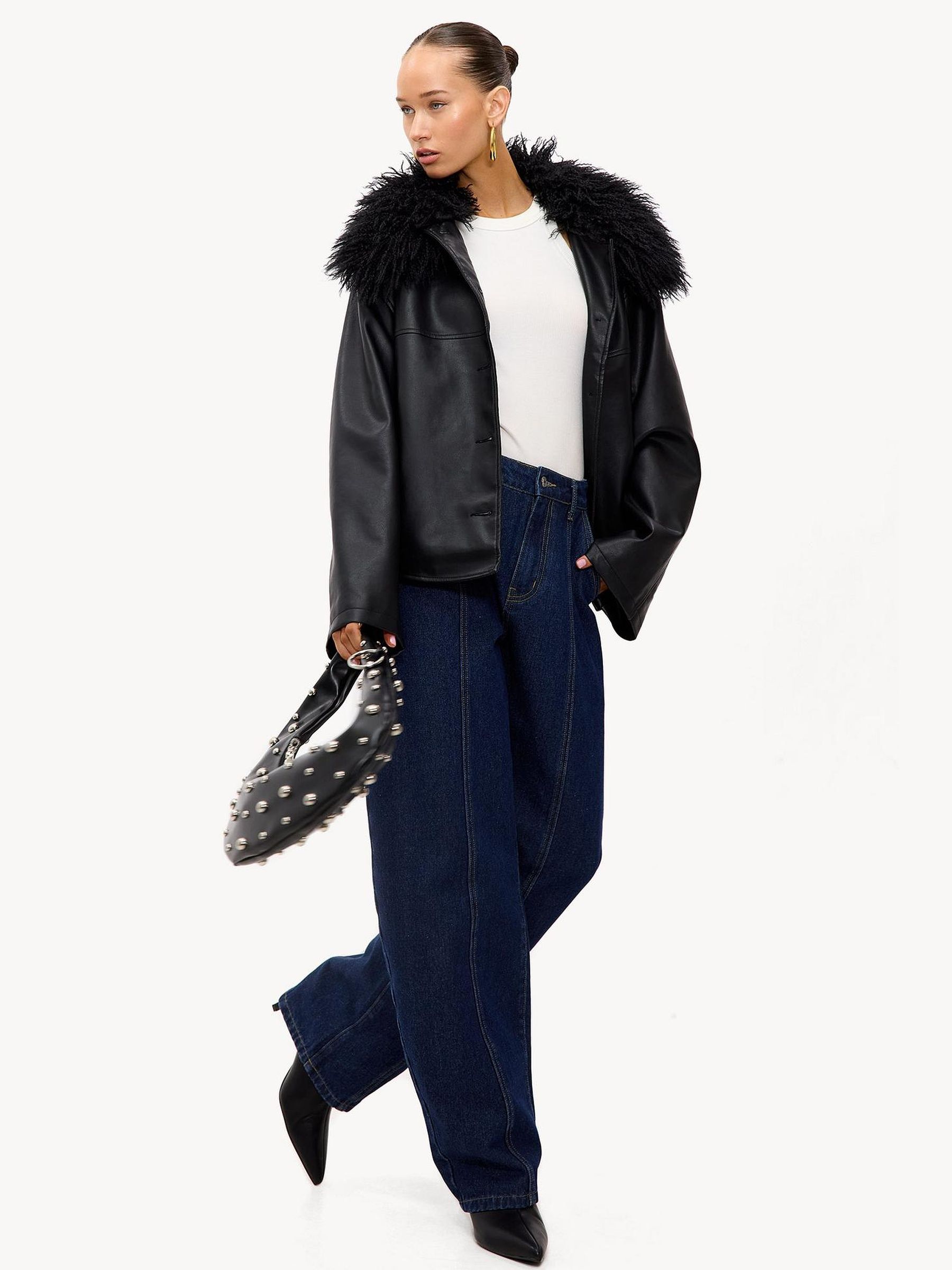 Buy LOAVIES Black Luxe In Light Faux Leather Faux Fur Collar