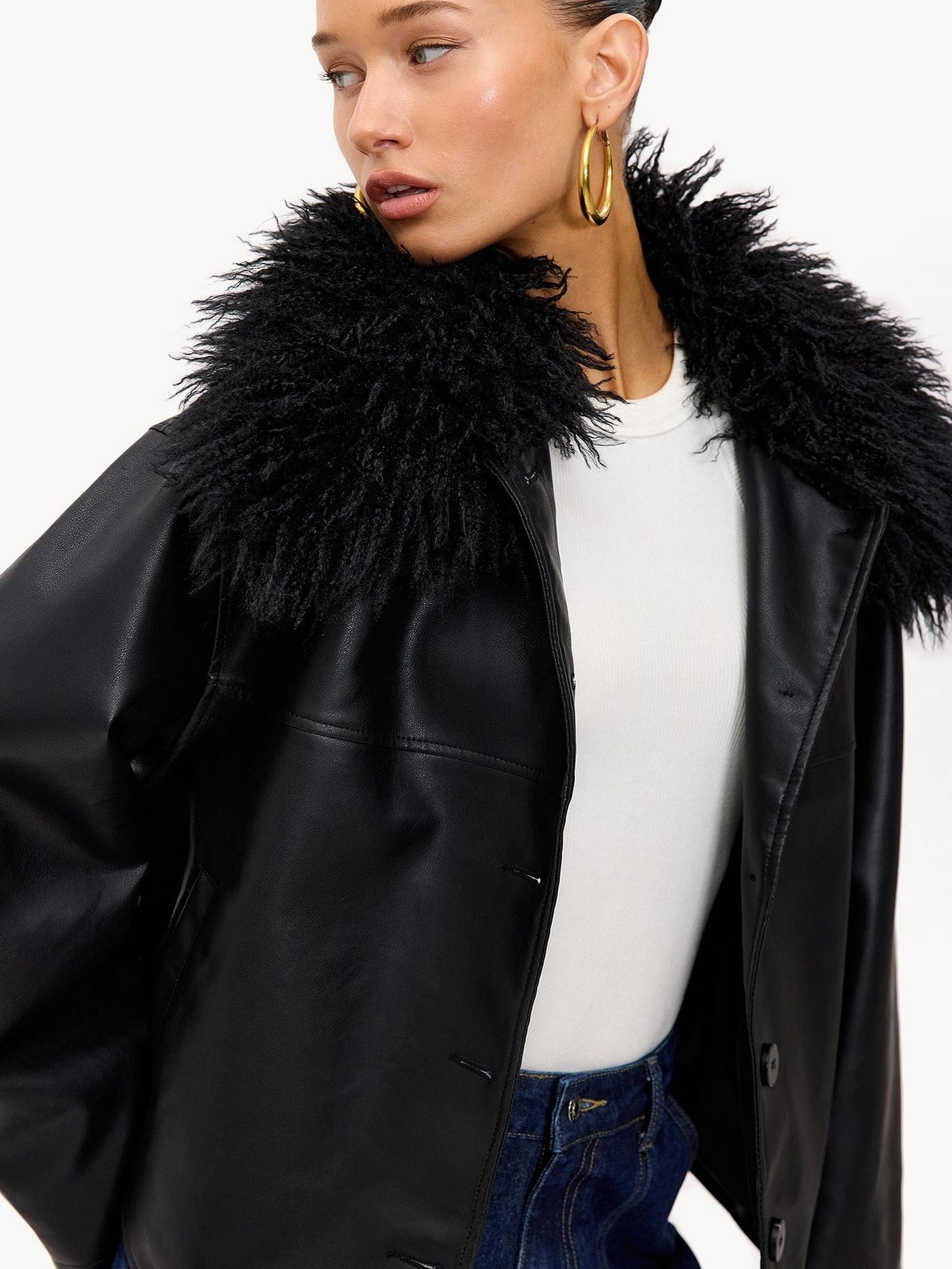 Buy LOAVIES Black Luxe In Light Faux Leather Faux Fur Collar