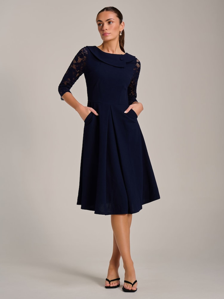 Jolie Moi Blue Roll Neck Lace Sleeve Fit & Flare Midi Dress - Image 1 of 6