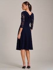 Jolie Moi Blue Roll Neck Lace Sleeve Fit & Flare Midi Dress - Image 2 of 6