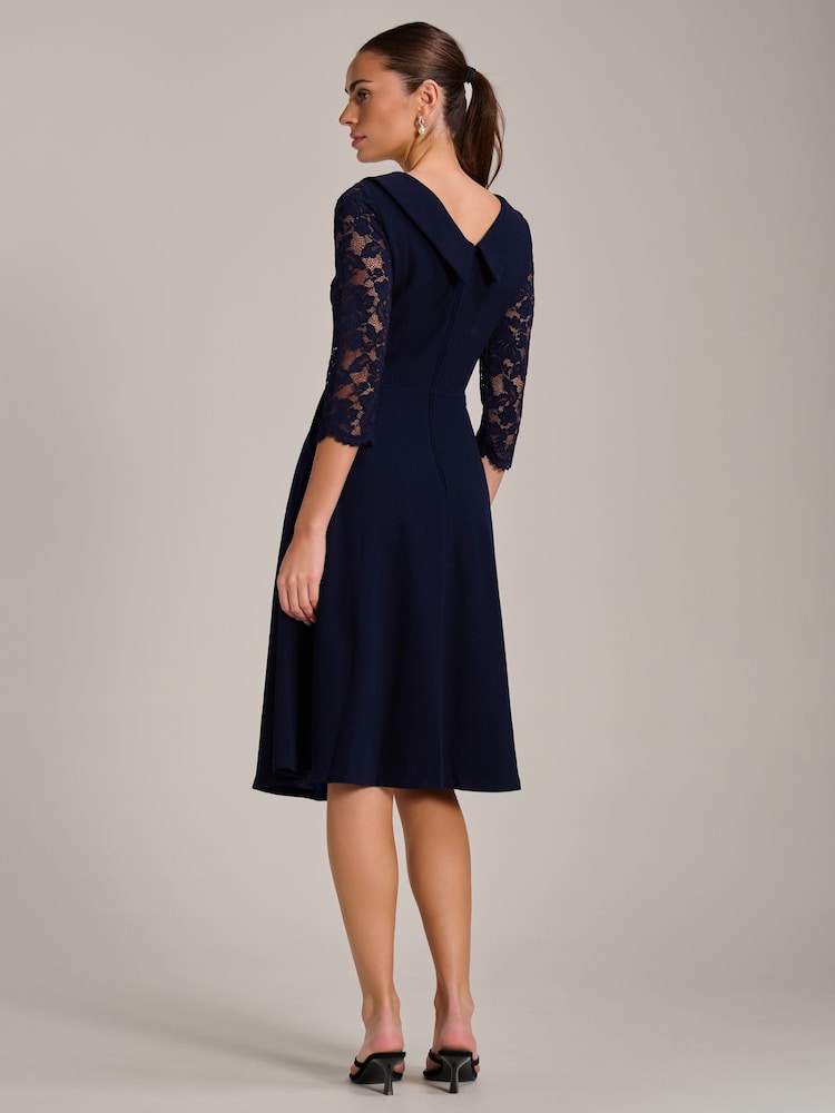 Jolie Moi Blue Roll Neck Lace Sleeve Fit & Flare Midi Dress - Image 2 of 6