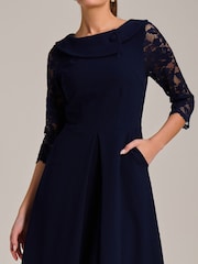 Jolie Moi Blue Roll Neck Lace Sleeve Fit & Flare Midi Dress - Image 3 of 6