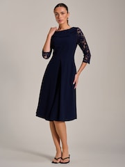Jolie Moi Blue Roll Neck Lace Sleeve Fit & Flare Midi Dress - Image 4 of 6