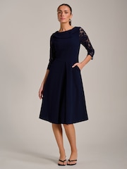 Jolie Moi Blue Roll Neck Lace Sleeve Fit & Flare Midi Dress - Image 5 of 6