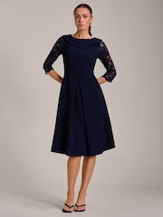 Jolie Moi Blue Roll Neck Lace Sleeve Fit & Flare Midi Dress - Image 6 of 6