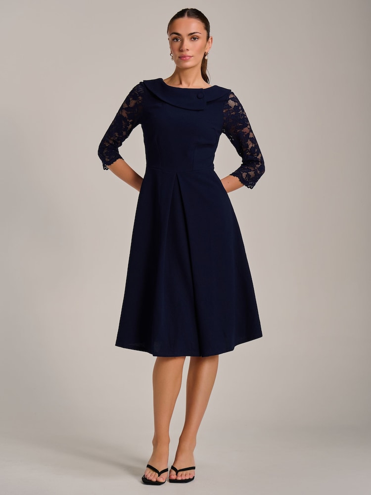 Jolie Moi Blue Roll Neck Lace Sleeve Fit & Flare Midi Dress - Image 6 of 6