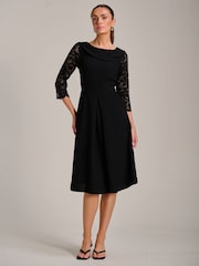Jolie Moi Black Roll Neck Lace Sleeve Fit & Flare Midi Dress - Image 5 of 6