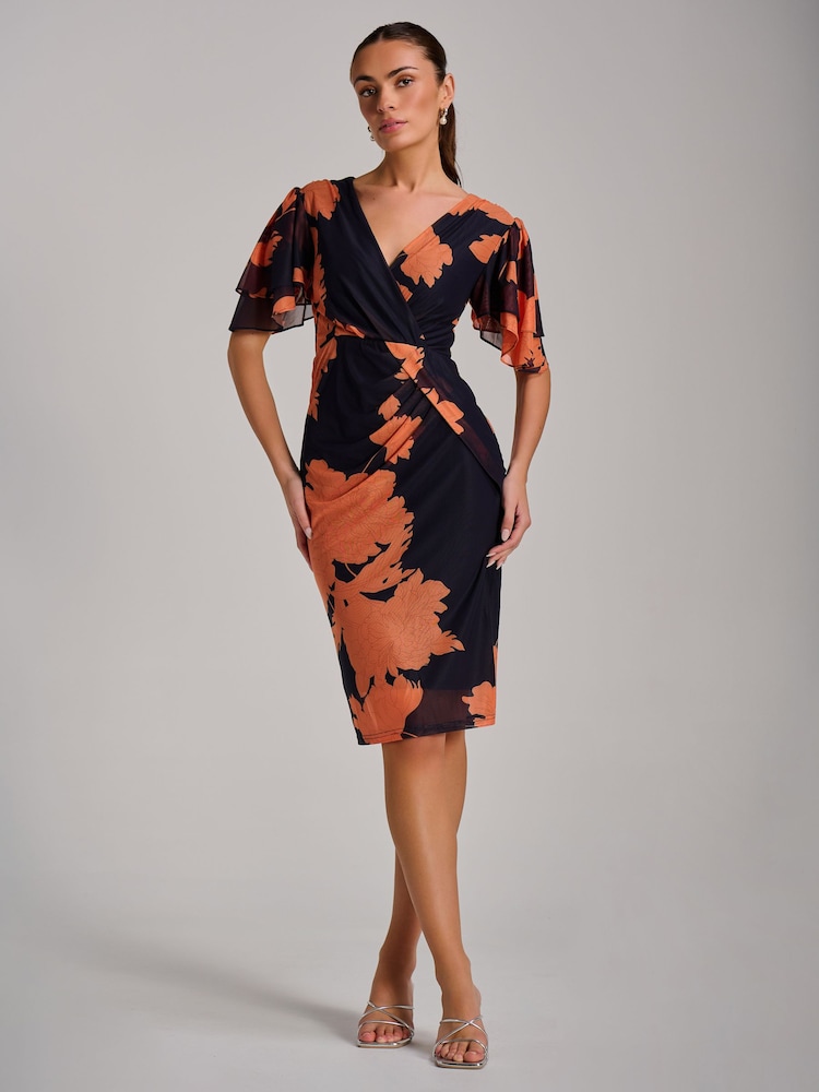 Jolie Moi Orange Angel Sleeve Ruched Mesh Bodycon Dress - Image 6 of 6 Jolie Moi Orange Angel Sleeve Ruched Mesh Bodycon Dress - Image 6 of 6